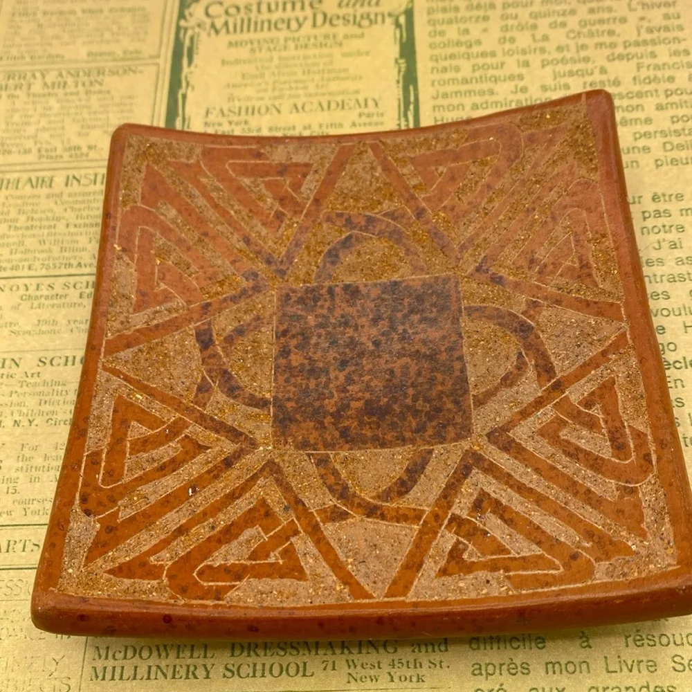 Terracotta Pottery Etched Indonesian Square Candle Holder Trinket Tray